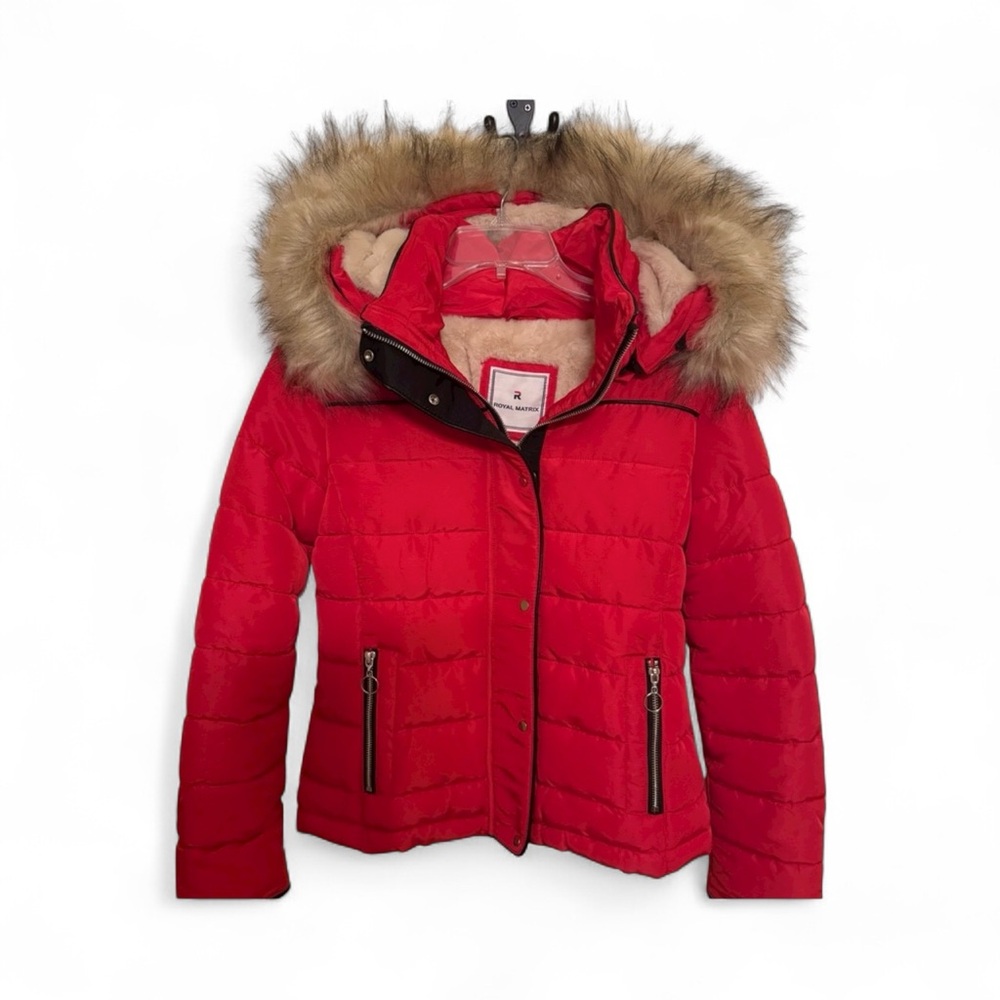 Red Parka Jacket with Faux Fur Hood